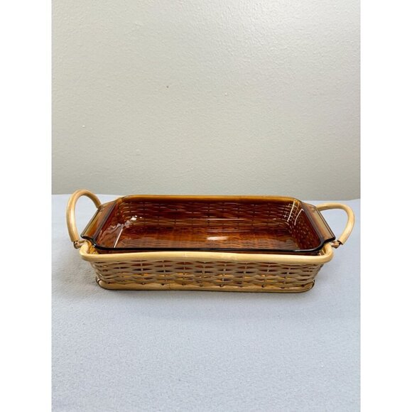 Vintage Anchor Hocking Amber Glass Baking Tray with Wicker Handles 2 QT. - Picture 2 of 9